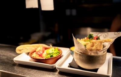 Dishes ready on the kitchen pass